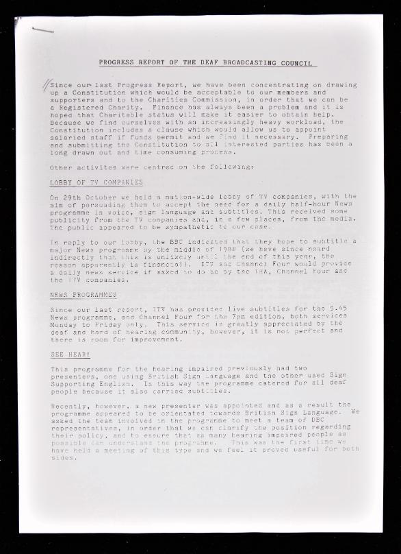 First page of a typescript report from the Deaf Broadcasting Campaign. The black type is shown on a paper background.